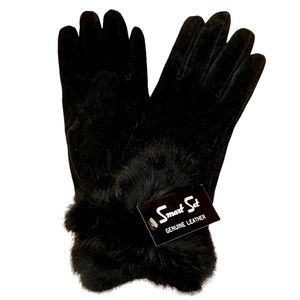 🆕NWT:Black Leather Gloves with Rabbit Fur Cuff